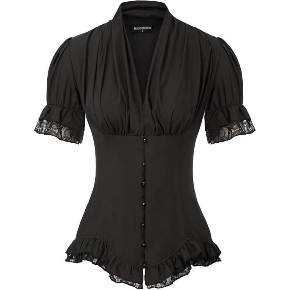 Black Victorian Blouse Puff Sleeve Ruffle Back Lace Up Renaissance Whimsy Goth